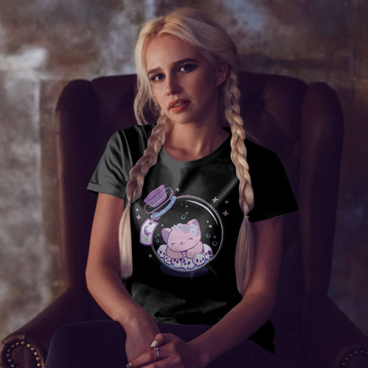 Cat in a Bottle Kawaii Pastel Goth T-shirt for women