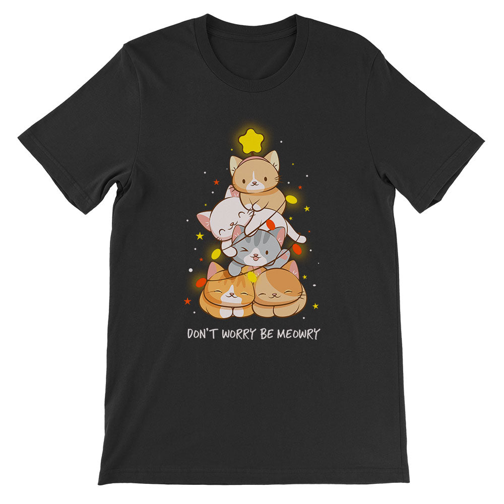 Don't Worry Be Meowry Christmas Tree Cats Kawaii T-shirt - Black