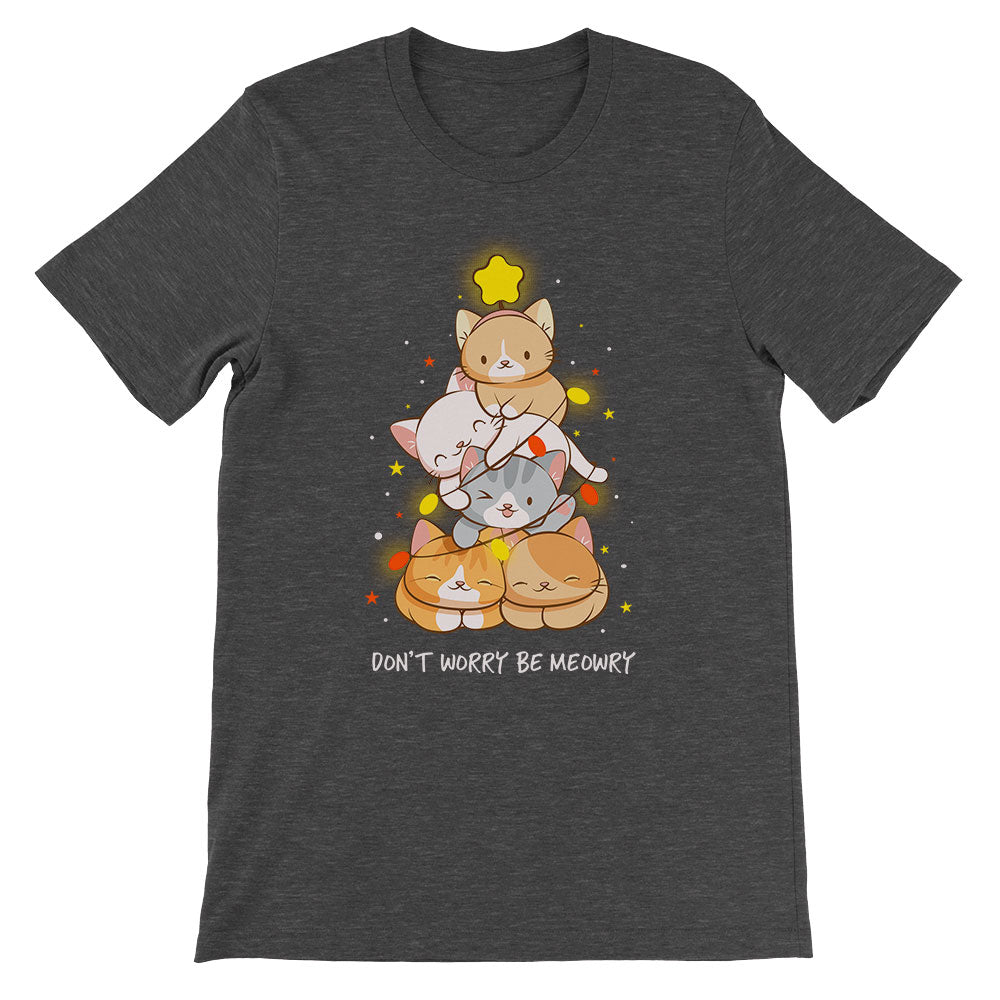 Don't Worry Be Meowry Christmas Tree Cats Kawaii T-shirt - Dark Grey Heather