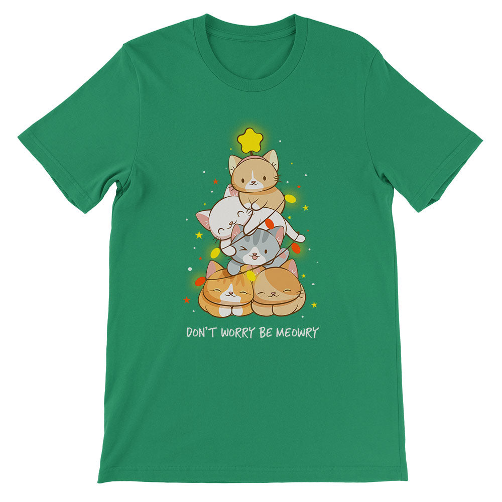 Don't Worry Be Meowry Christmas Tree Cats Kawaii T-shirt - Green