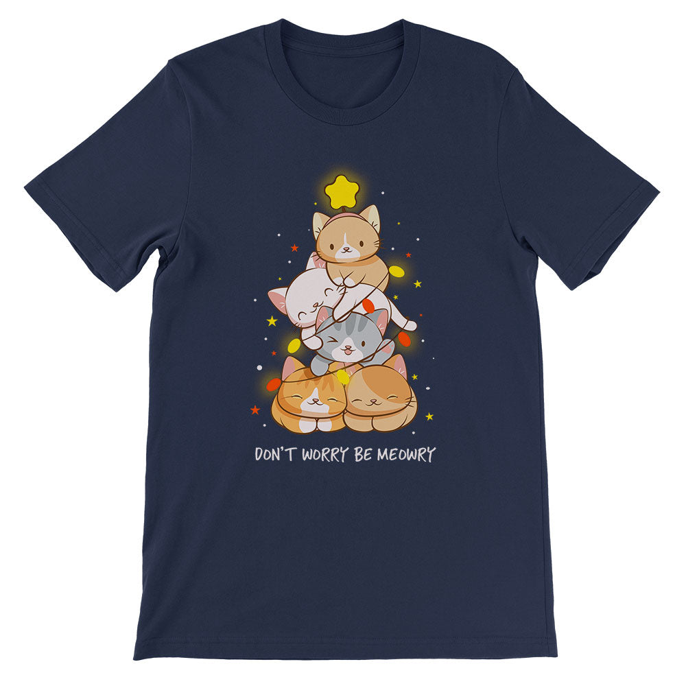 Don't Worry Be Meowry Christmas Tree Cats Kawaii T-shirt - Navy