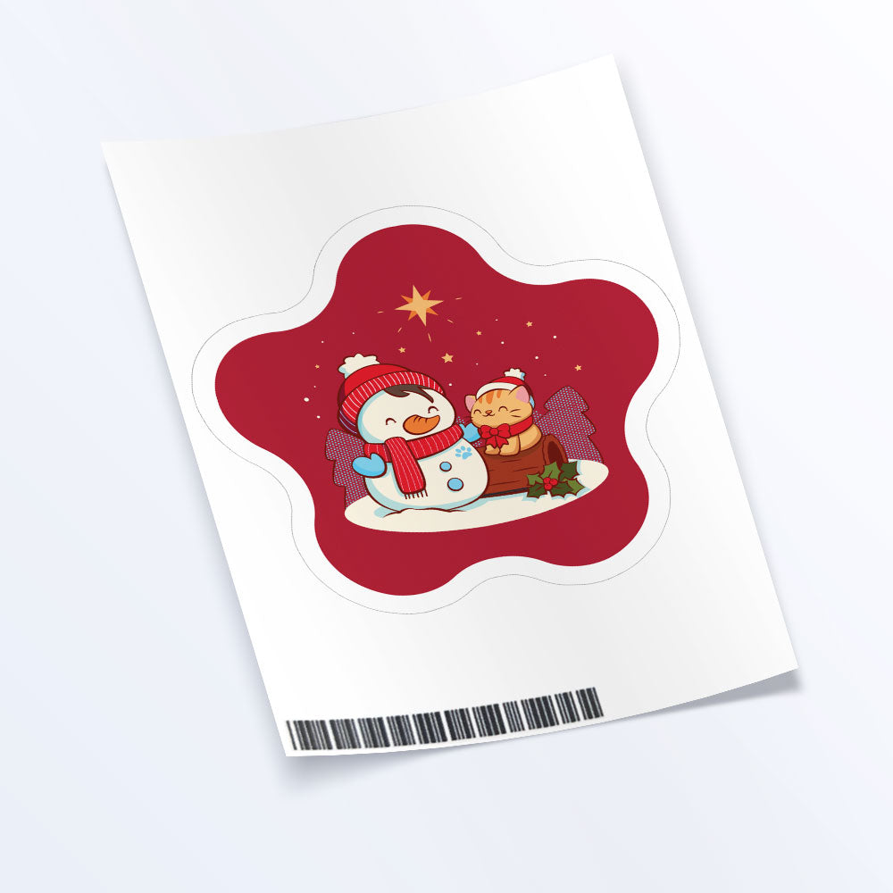 Kawaii Cats Holiday Red Star Sticker Set - Snowman and Cat