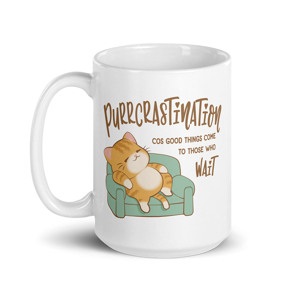 Purrcrastination Kawaii Cat Funny Mug - White 15 oz