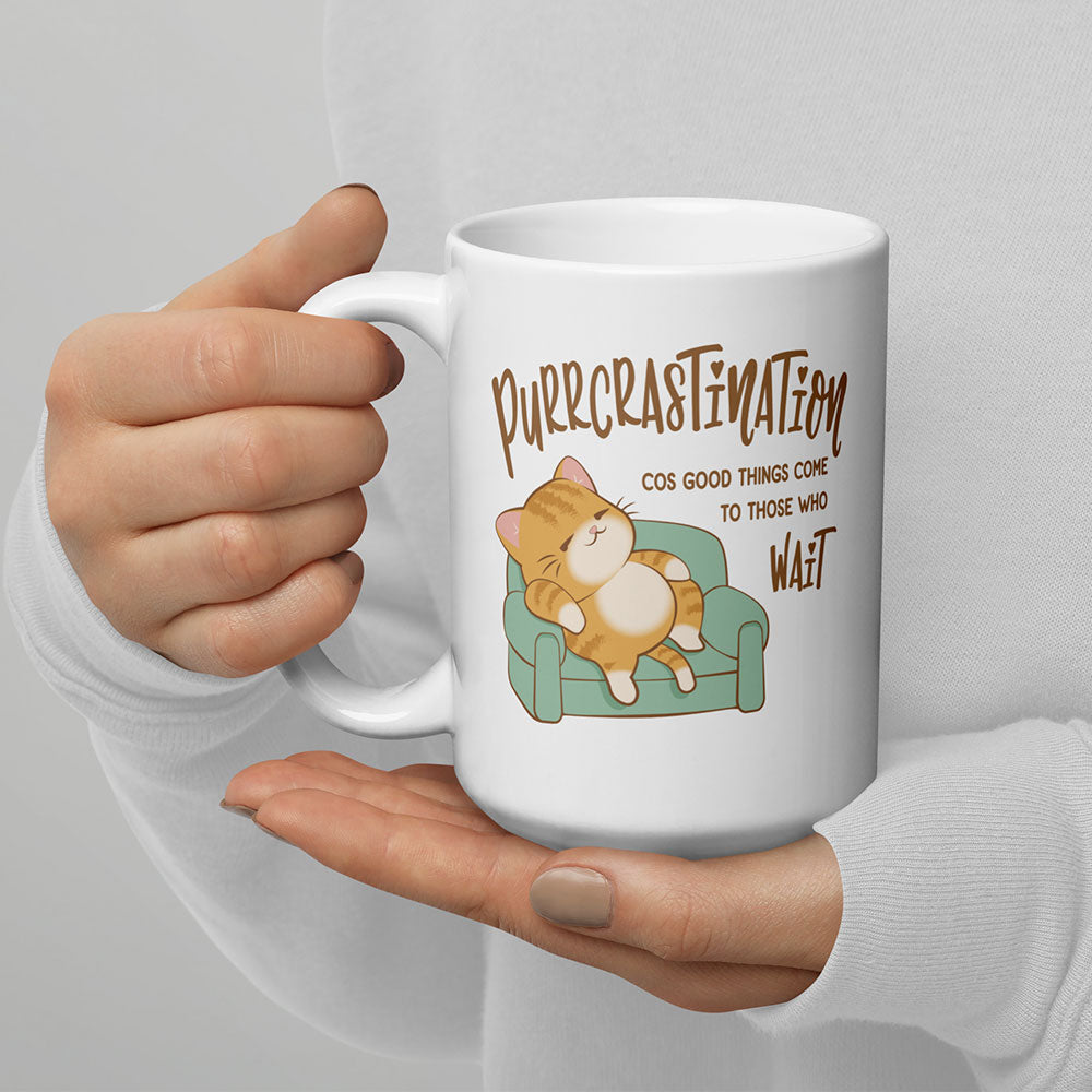Purrcrastination Kawaii Cat Funny Mug in hands