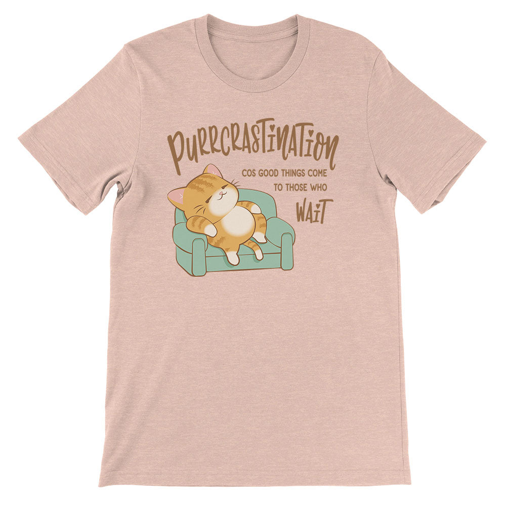 Purrcrastination Kawaii Cat Funny T-shirt - Heather Peach