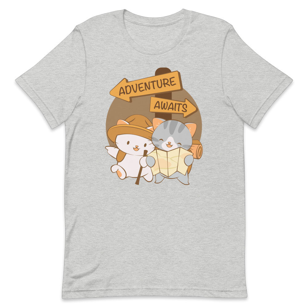 Adventure Awaits Cute Kawaii Cats Hiking T Shirt - Athletic Heather