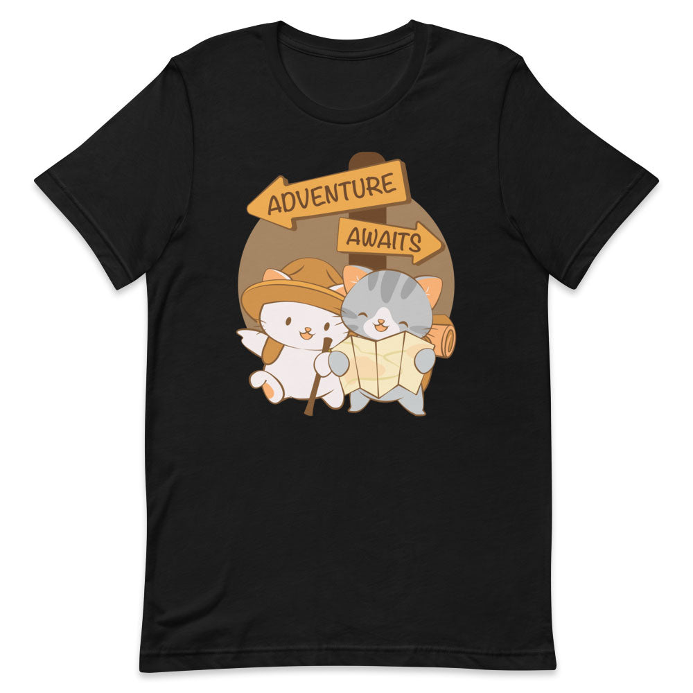 Adventure Awaits Cute Kawaii Cats Hiking T Shirt - Black