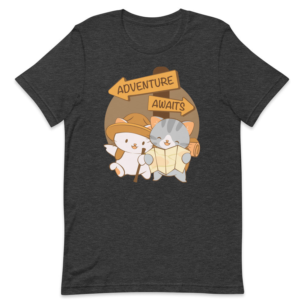 Adventure Awaits Cute Kawaii Cats Hiking T Shirt - Dark Grey Heather