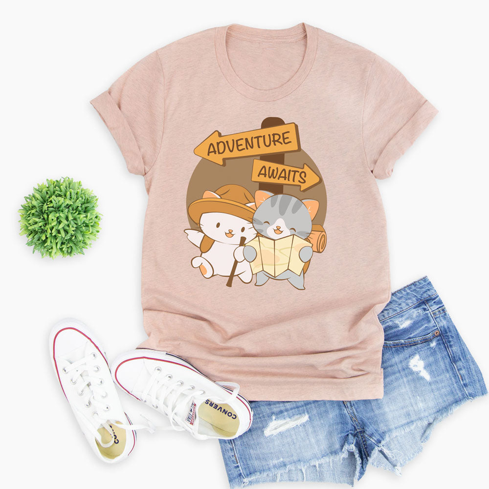 Adventure Awaits Cute Kawaii Cats Hiking T Shirt