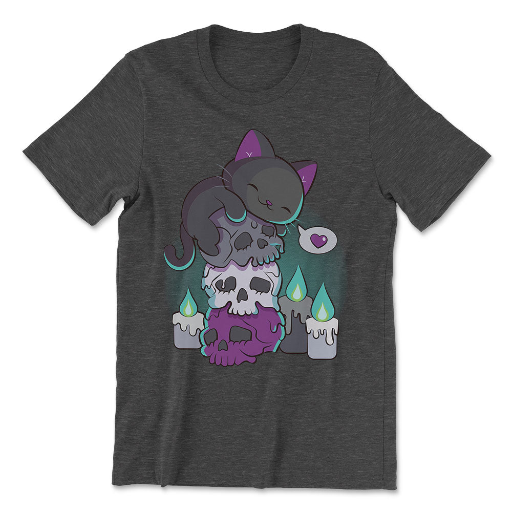 Asexual Pride Aesthetic Cat on Skulls Kawaii Shirt - dark grey heather