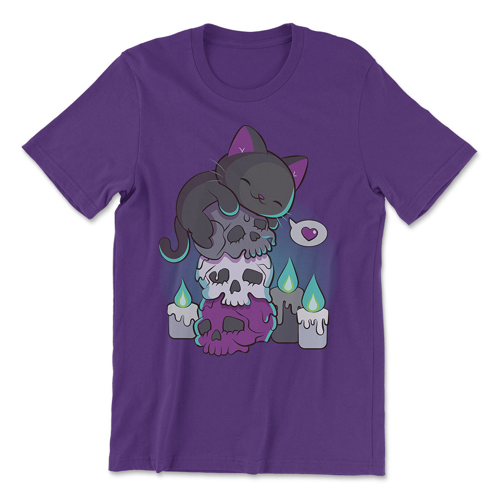 Asexual Pride Aesthetic Cat on Skulls Kawaii Shirt - purple