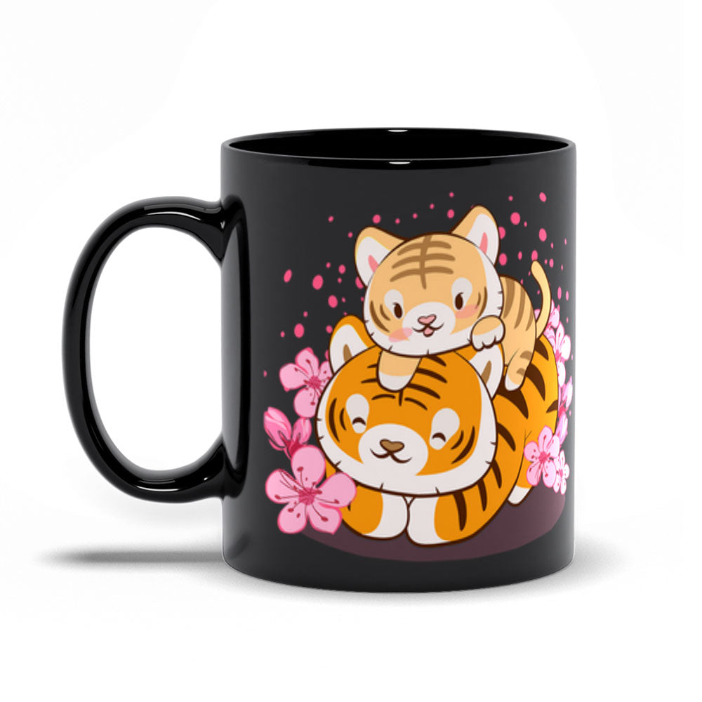 Baby and Mom Kawaii Tiger Coffee Mug black 11oz