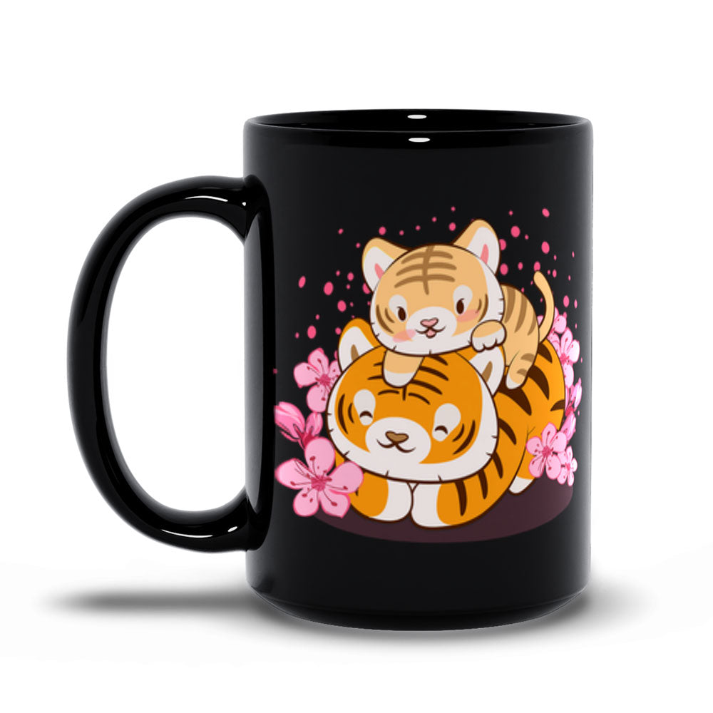 Baby and Mom Kawaii Tiger Coffee Mug black 15oz