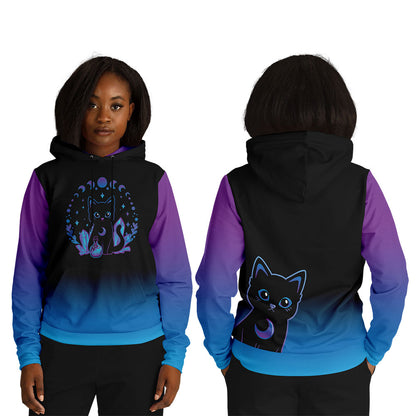 Crystal Alchemy Kawaii Black Cat Hoodie Eco-friendly on a black woman