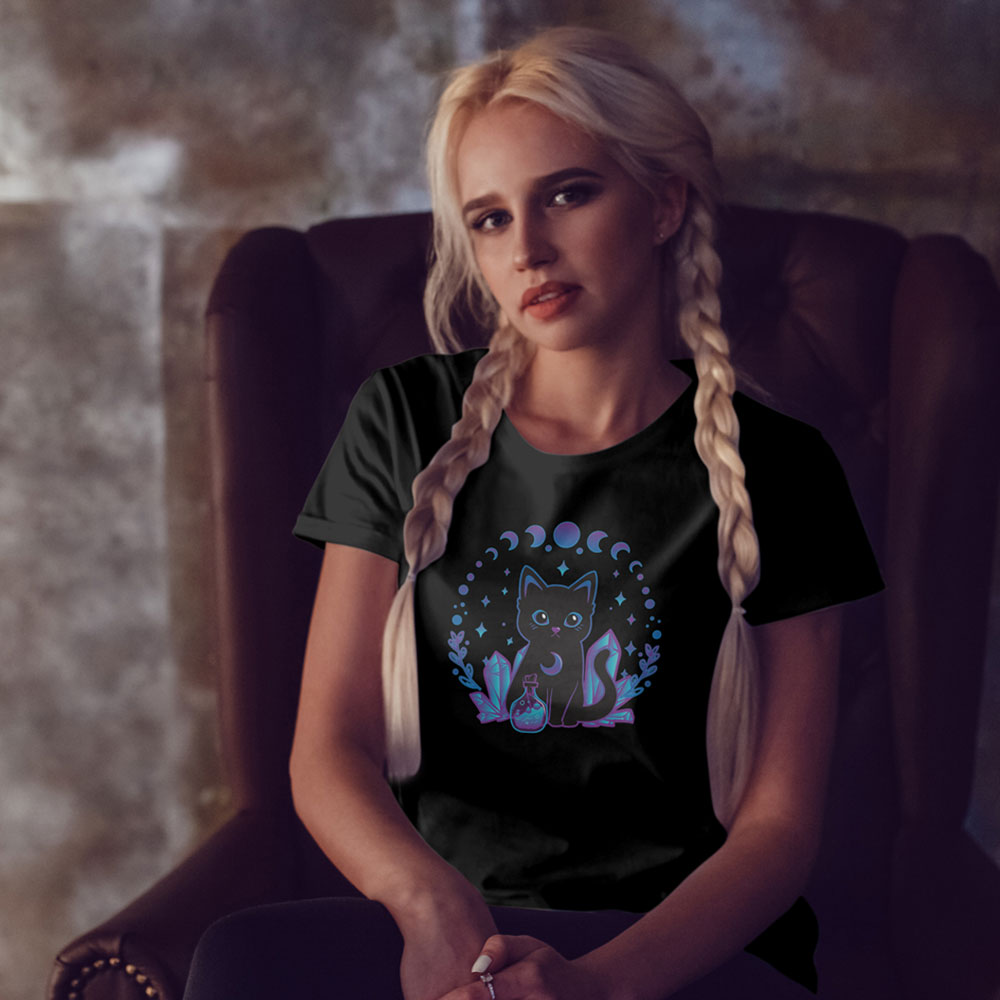 Crystal Alchemy Kawaii Witchy Black Cat T-shirt for women