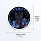 Crystal Alchemy Witchy Black Cat Kawaii Sticker measure 2.8 inches in height and 2.8 inches in width
