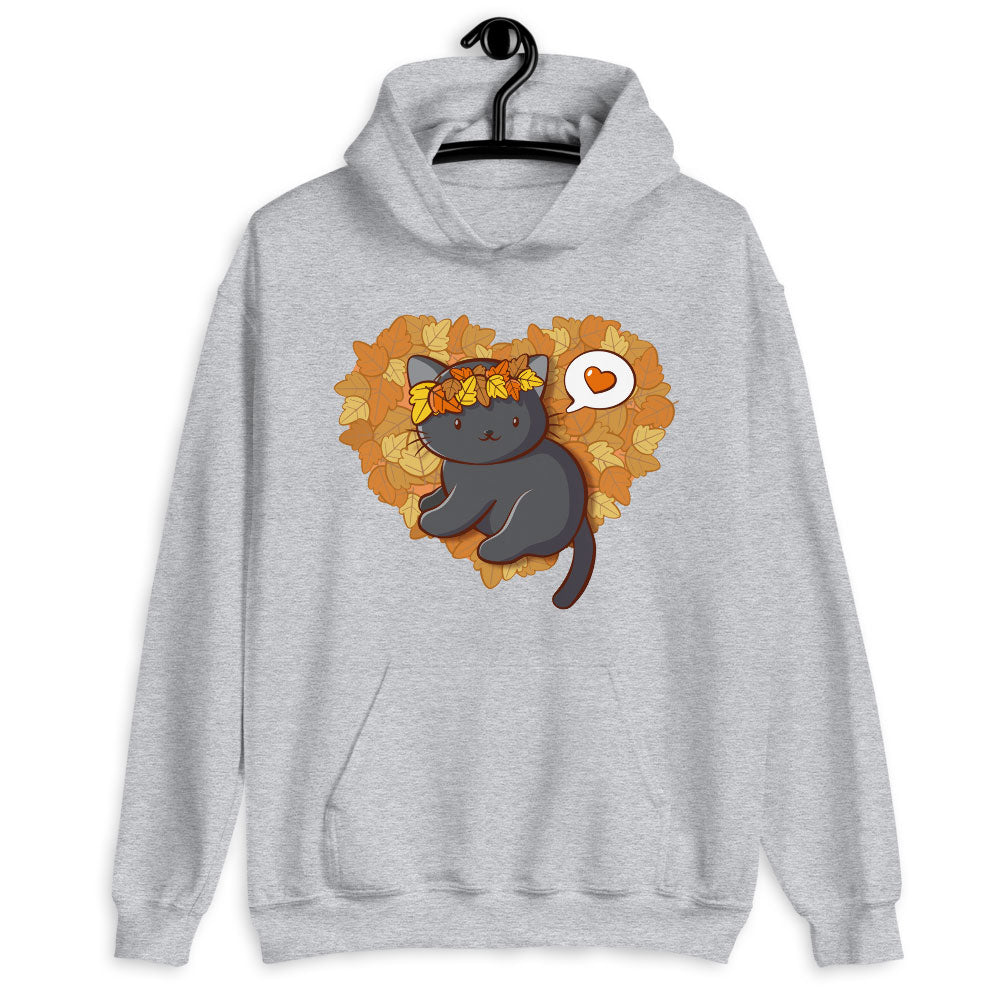 Cute Black Cat With Fall Leaves Kawaii Hoodie - Athletic Heather