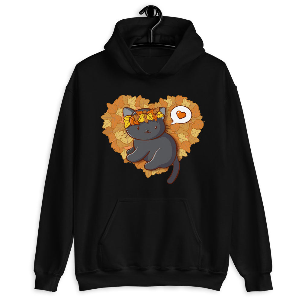 Cute Black Cat With Fall Leaves Kawaii Hoodie - black