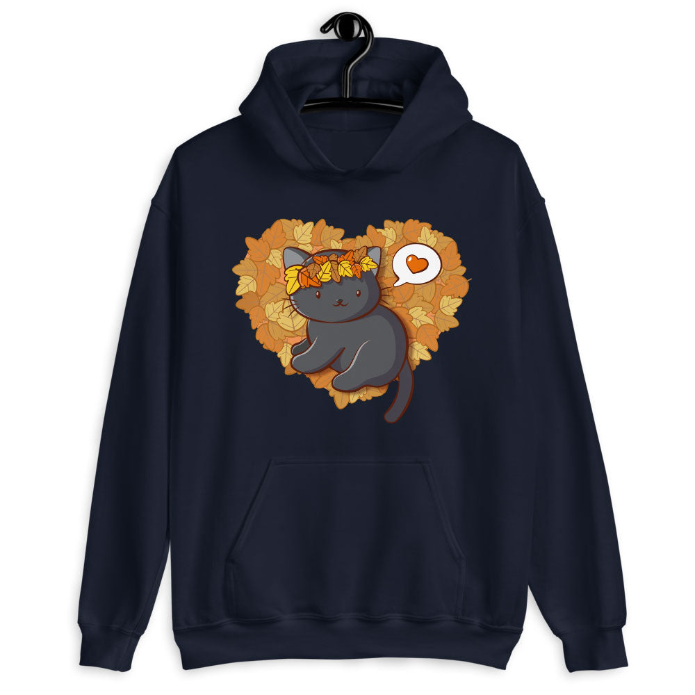 Cute Black Cat With Fall Leaves Kawaii Hoodie - navy