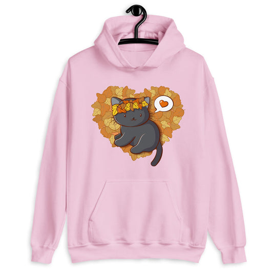 Cute Black Cat With Fall Leaves Kawaii Hoodie - Pink