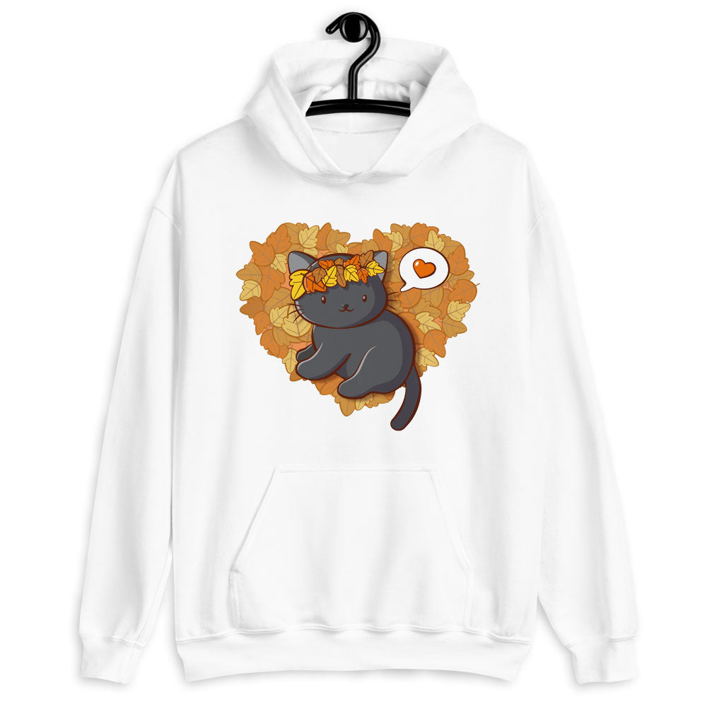 Cute Black Cat With Fall Leaves Kawaii Hoodie - white
