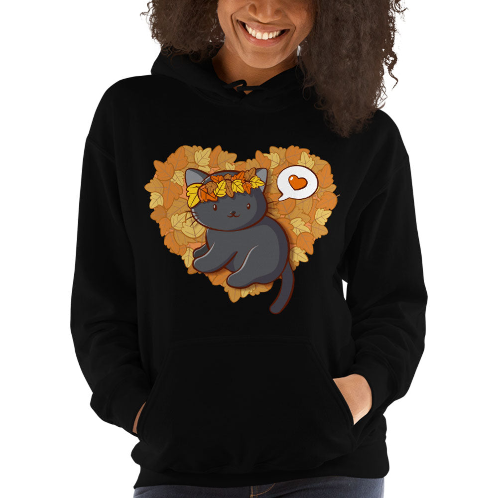 Cute Black Cat With Fall Leaves Kawaii Hoodie for women