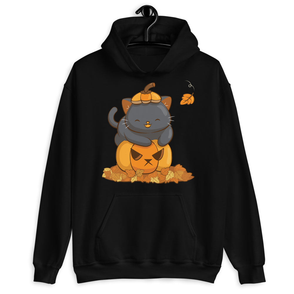 Cute Black Cat on Halloween Pumpkin Kawaii Hoodie - Black