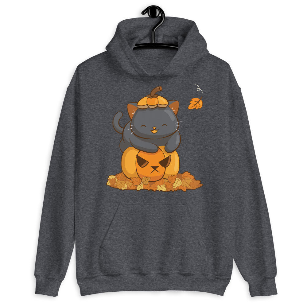 Cute Black Cat on Halloween Pumpkin Kawaii Hoodie - Dark Heather