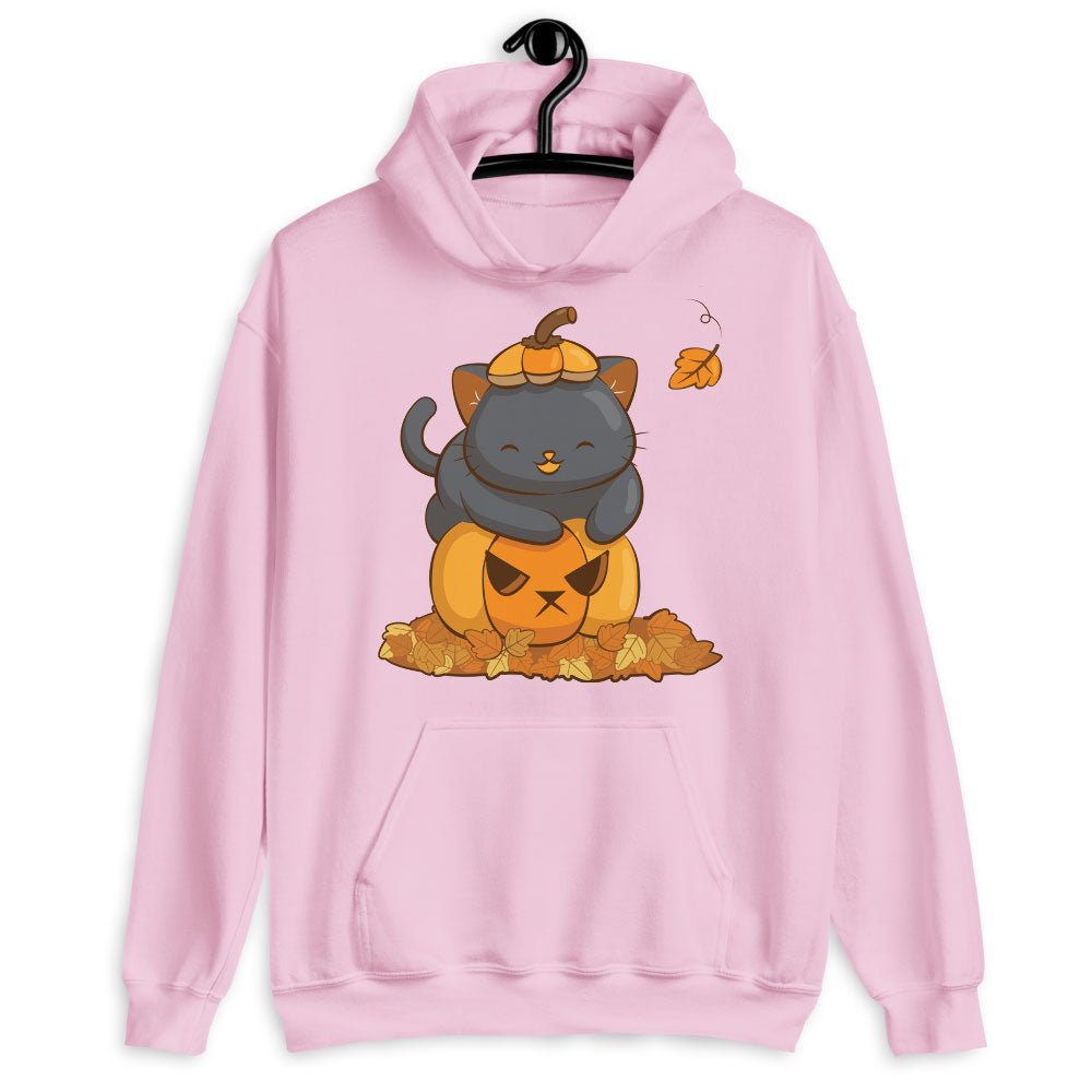 Cute Black Cat on Halloween Pumpkin Kawaii Hoodie - Pink