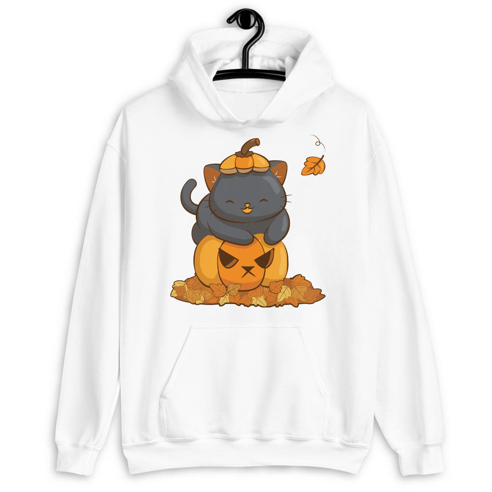 Cute Black Cat on Halloween Pumpkin Kawaii Hoodie - White