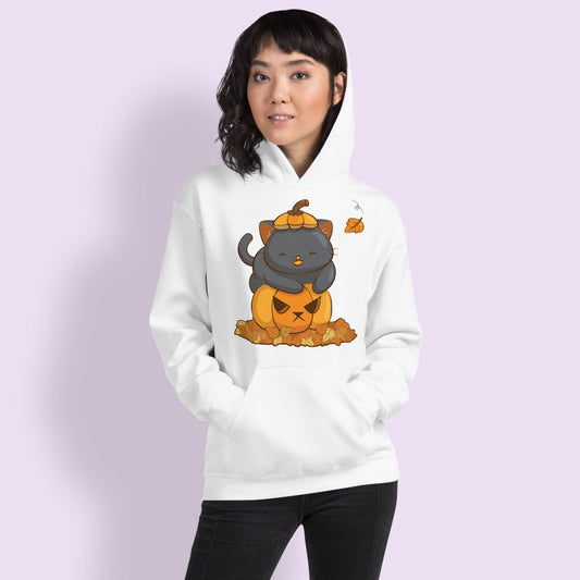 Cute Black Cat on Halloween Pumpkin Kawaii Hoodie for Women