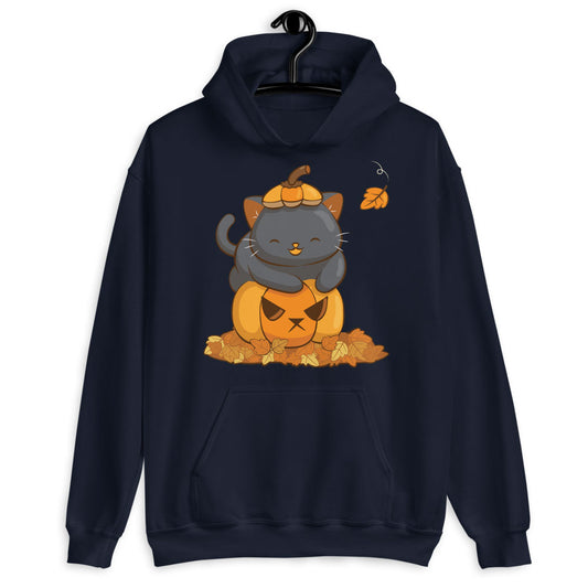 Cute Black Cat on Halloween Pumpkin Kawaii Hoodie - Navy