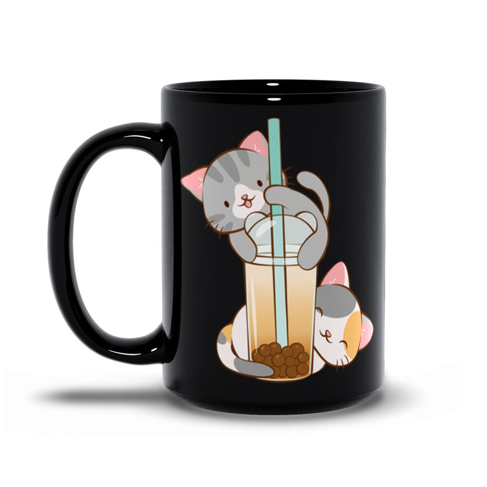 Cute Boba Tea Cats Kawaii Mug 15 oz / Black