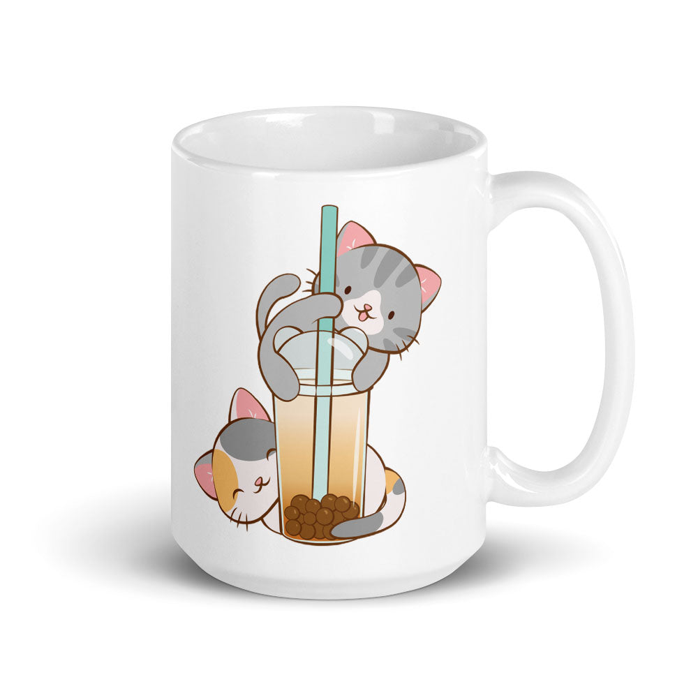 Cute Boba Tea Cats Kawaii Mug 15 oz / White