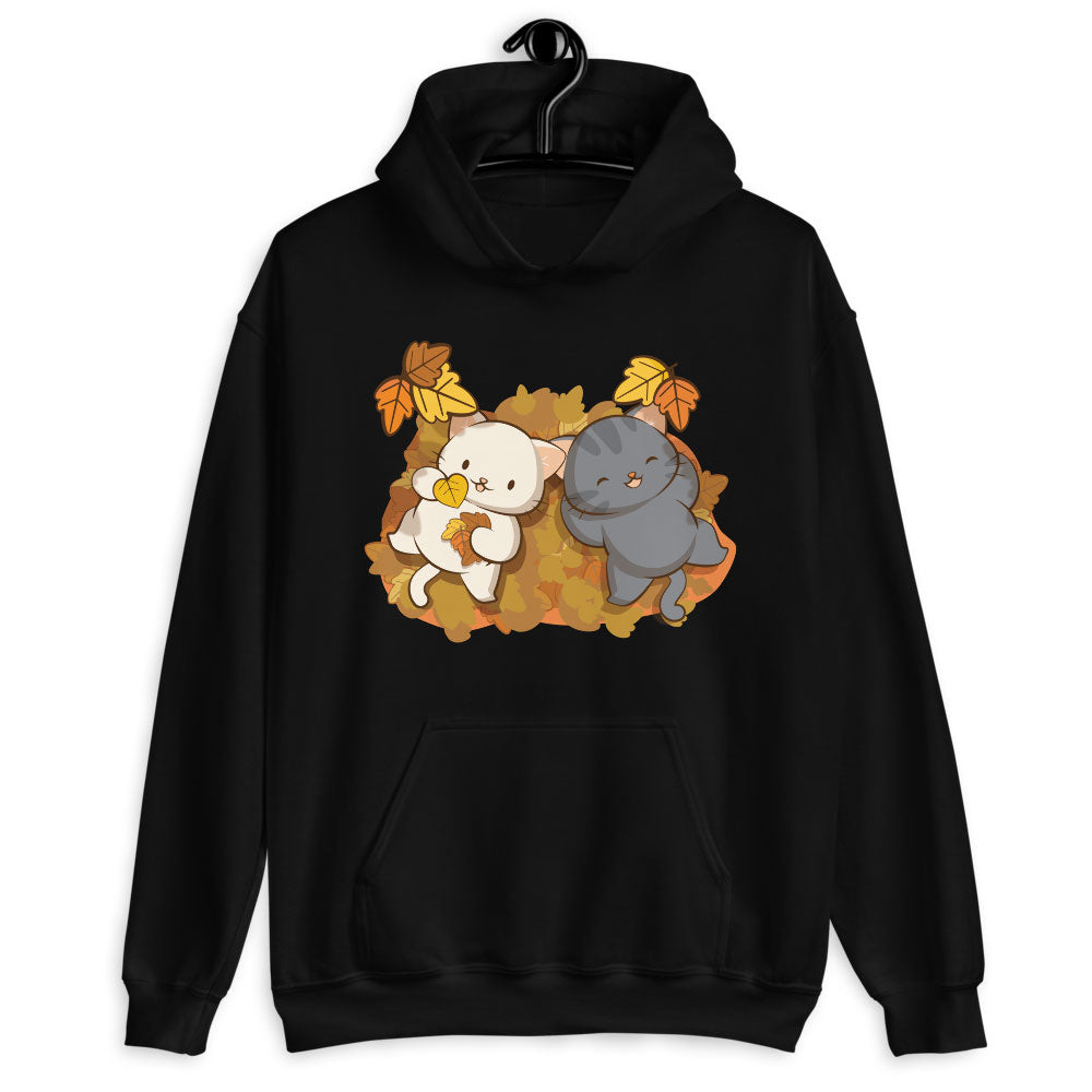 Cute Cats and Fall Leaves Kawaii Hoodie - black