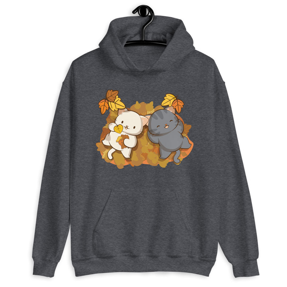 Cute Cats and Fall Leaves Kawaii Hoodie - Dark Grey Heather