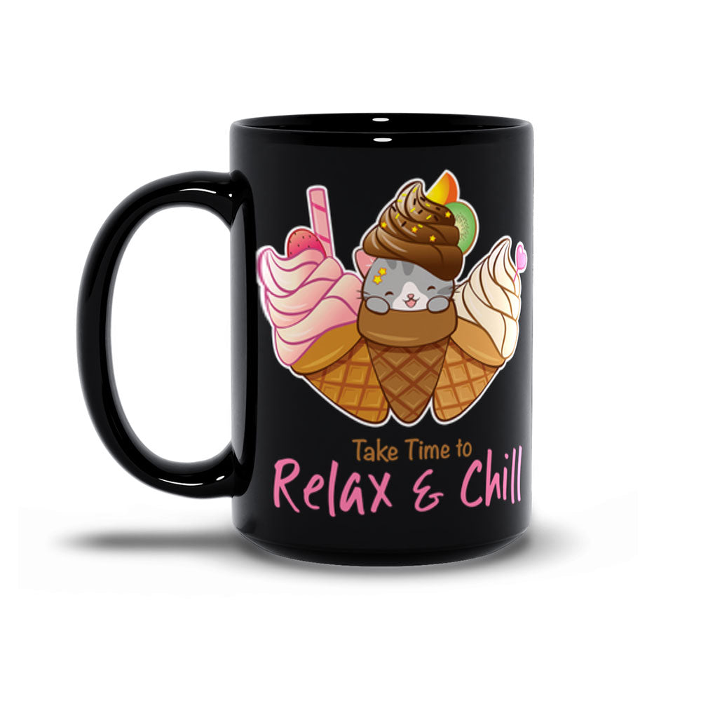 Cute Ice Cream Cat Kawaii Mug 15 oz / Black