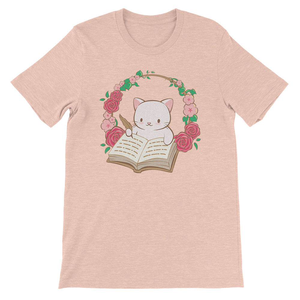 Cute Writing Cat Kawaii T-shirt for Writers Heather Peach