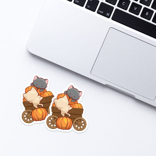 Cute Cats on Pumpkin Cart for Fall Kawaii Sticker for laptop