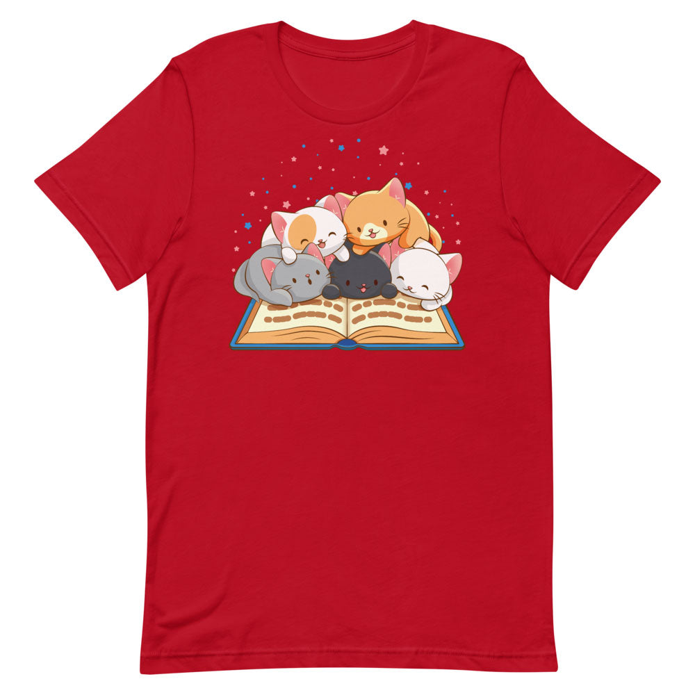 Cute Kawaii Cats Reading T-shirt for Readers and Book Lovers S / Red