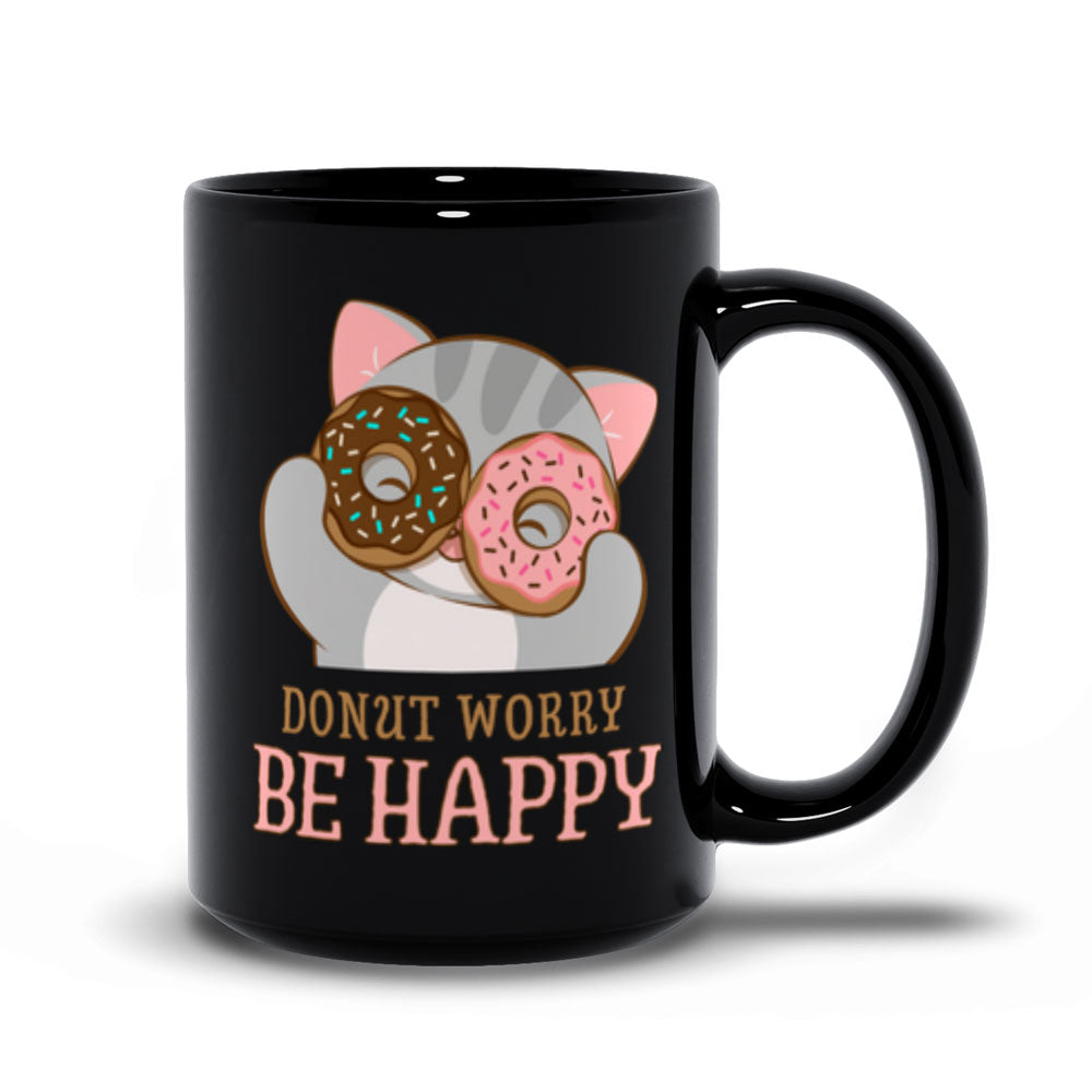 Donut Worry Be Happy Cute Cat Kawaii Mug 15 oz / Black