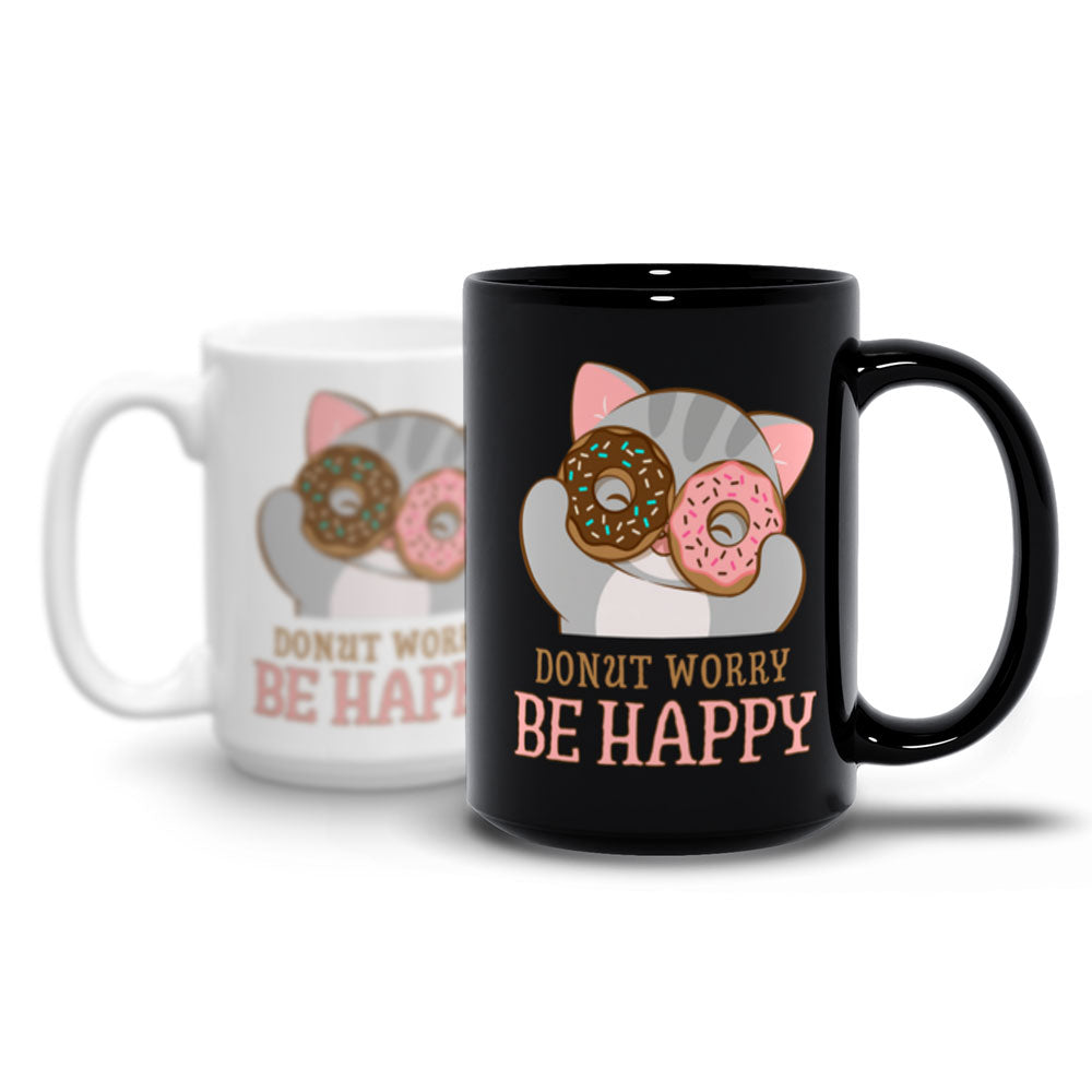 Donut Worry Be Happy Cute Cat Kawaii Mug