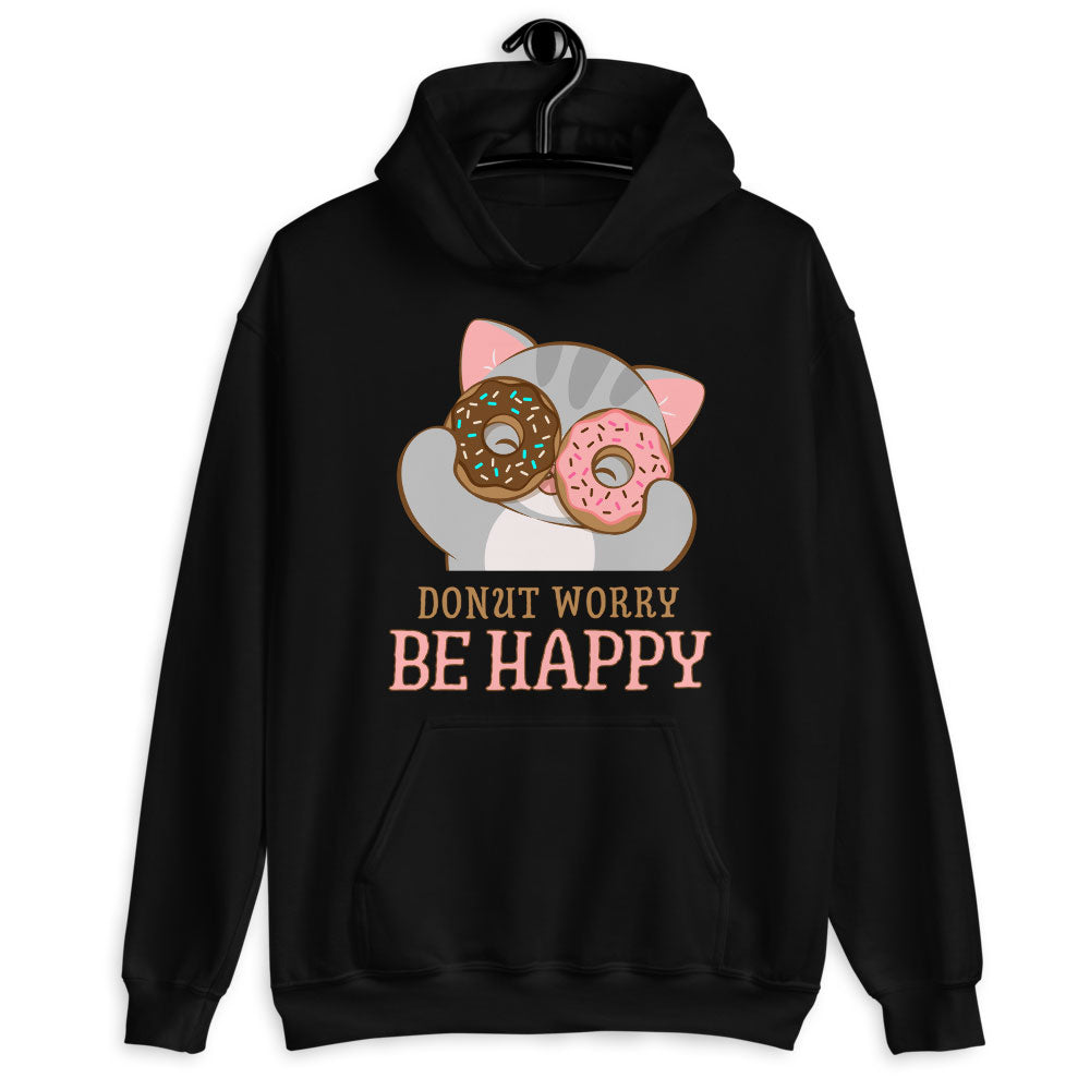 Donut Worry Be Happy Kawaii Cat Hoodie Black / S