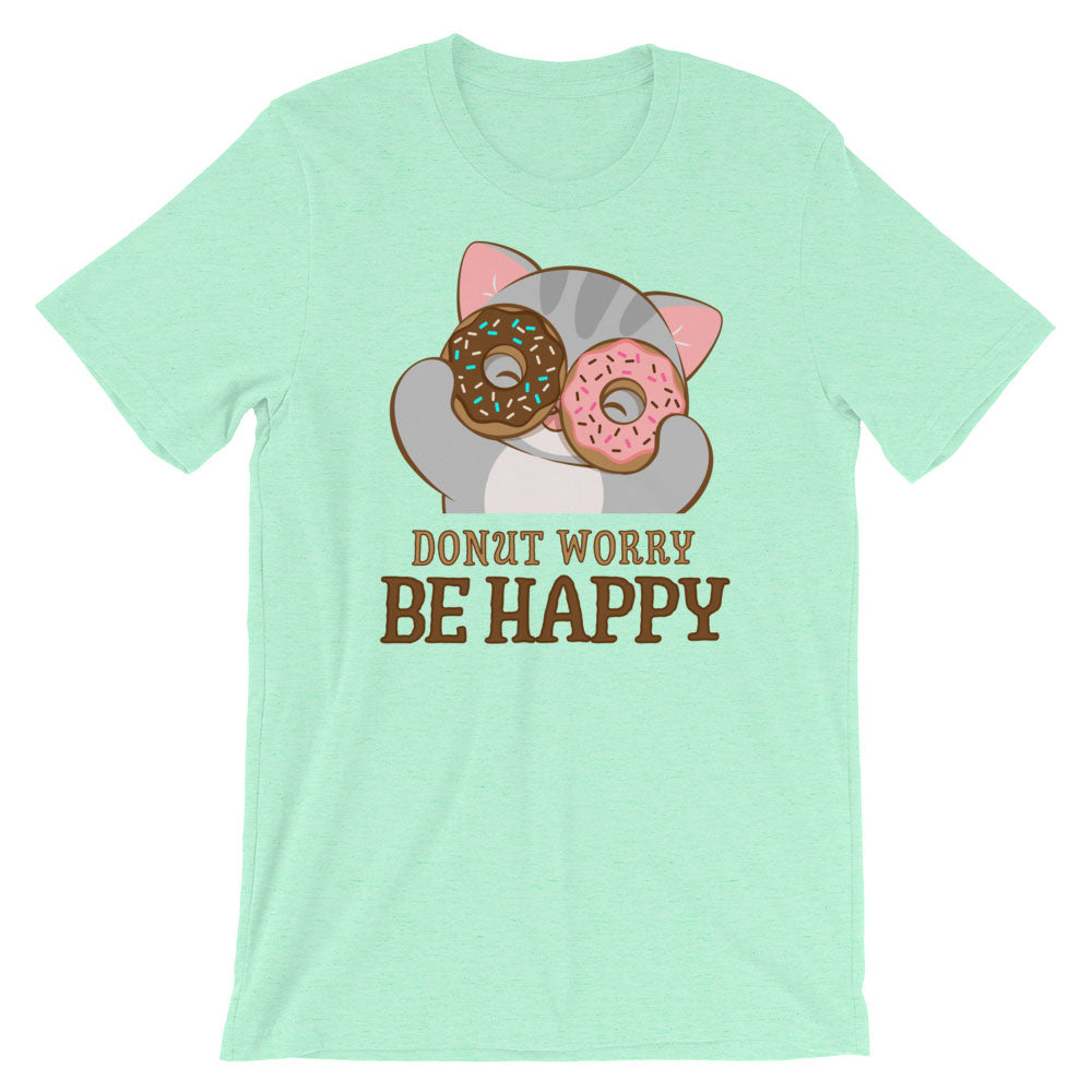 Donut Worry Be Happy Kawaii Cat T-Shirt S / Heather Mint