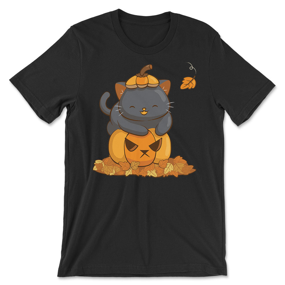 Halloween Black Cat on Pumpkin Fall Shirt - Black