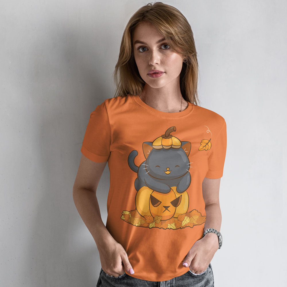 Halloween Black Cat on Pumpkin Fall Shirt for Women