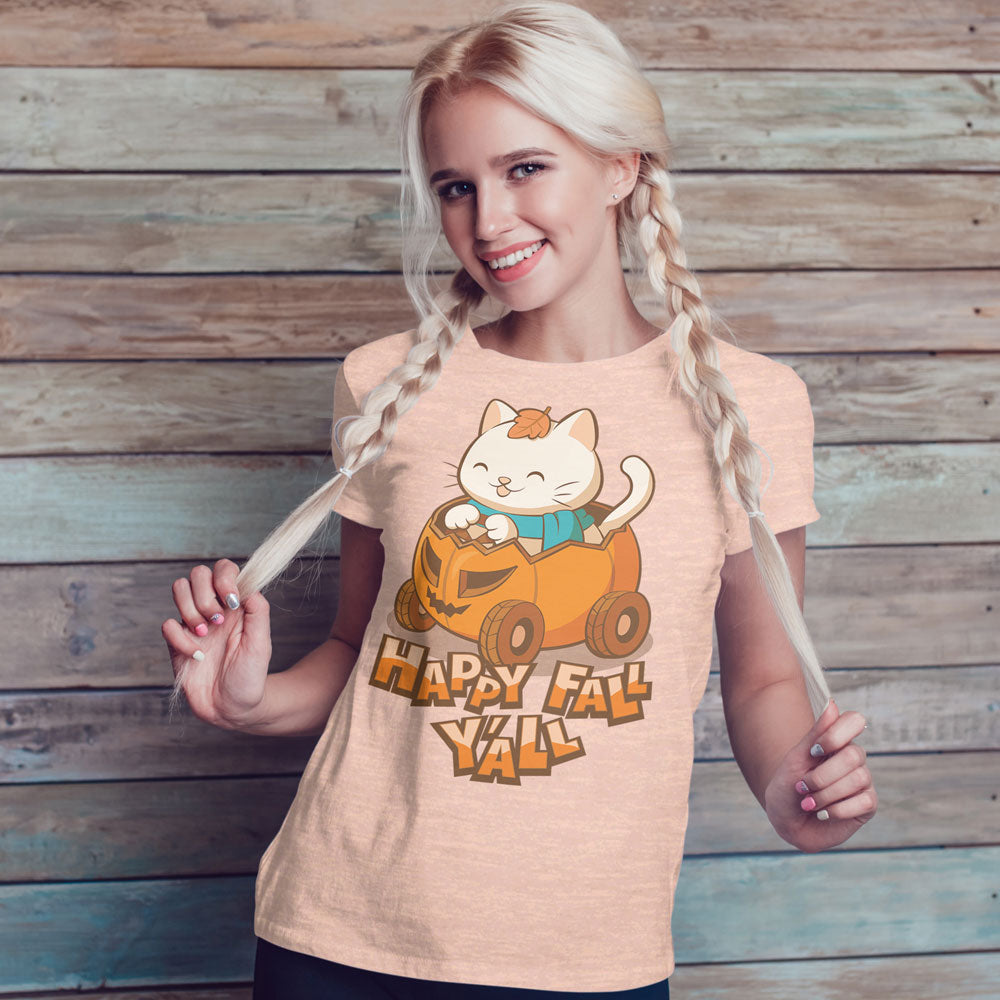 Happy Fall Y'all Halloween Pumpkin Cat Kawaii T-Shirt for Women