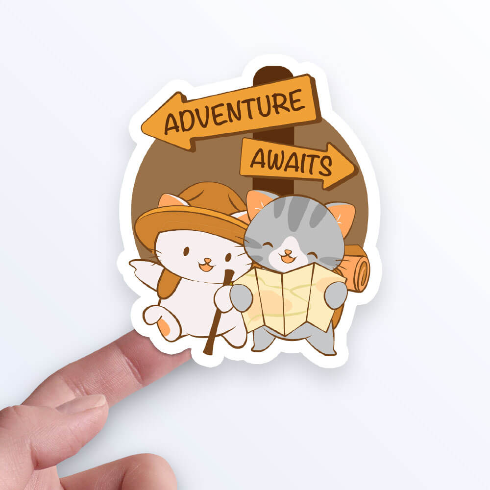 Hiking Adventure Cute Cats Kawaii Sticker on hand