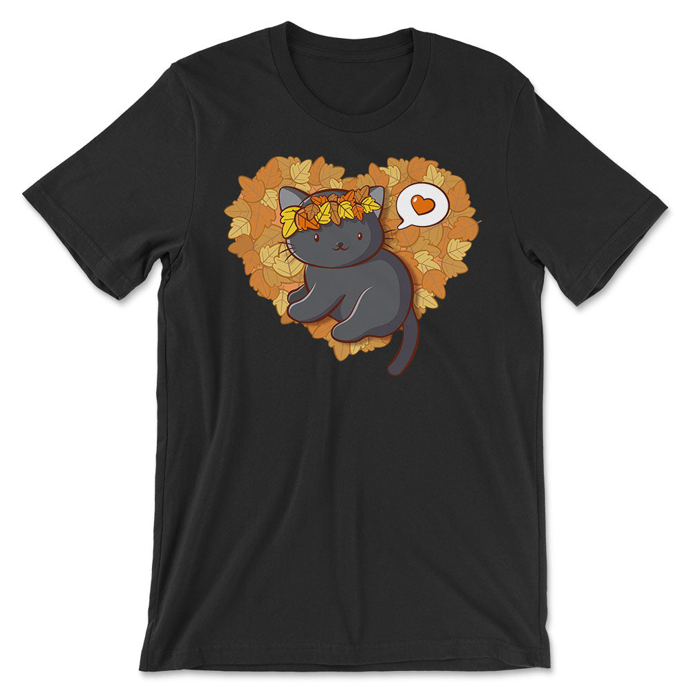 Kawaii Black Cat Autumn Leaves Fall Shirt - black
