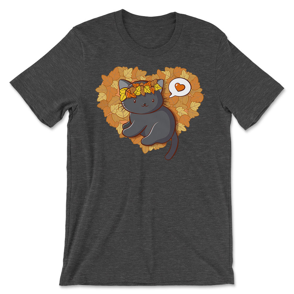Kawaii Black Cat Autumn Leaves Fall Shirt - Dark Grey Heather